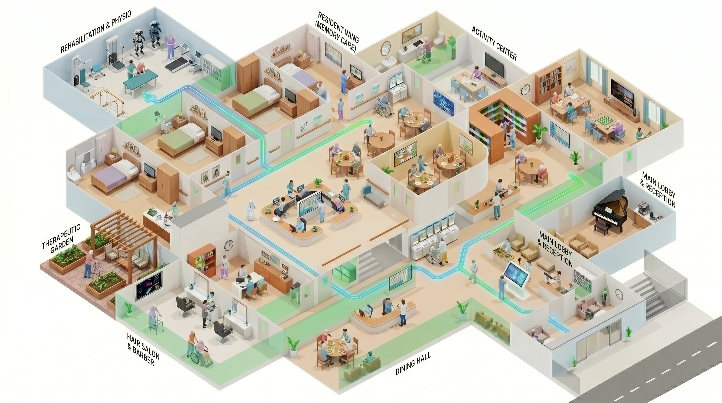 Isometric 3D floor plan of a nursing home — memory care wing, activity center, therapeutic garden, hair salon, main lobby