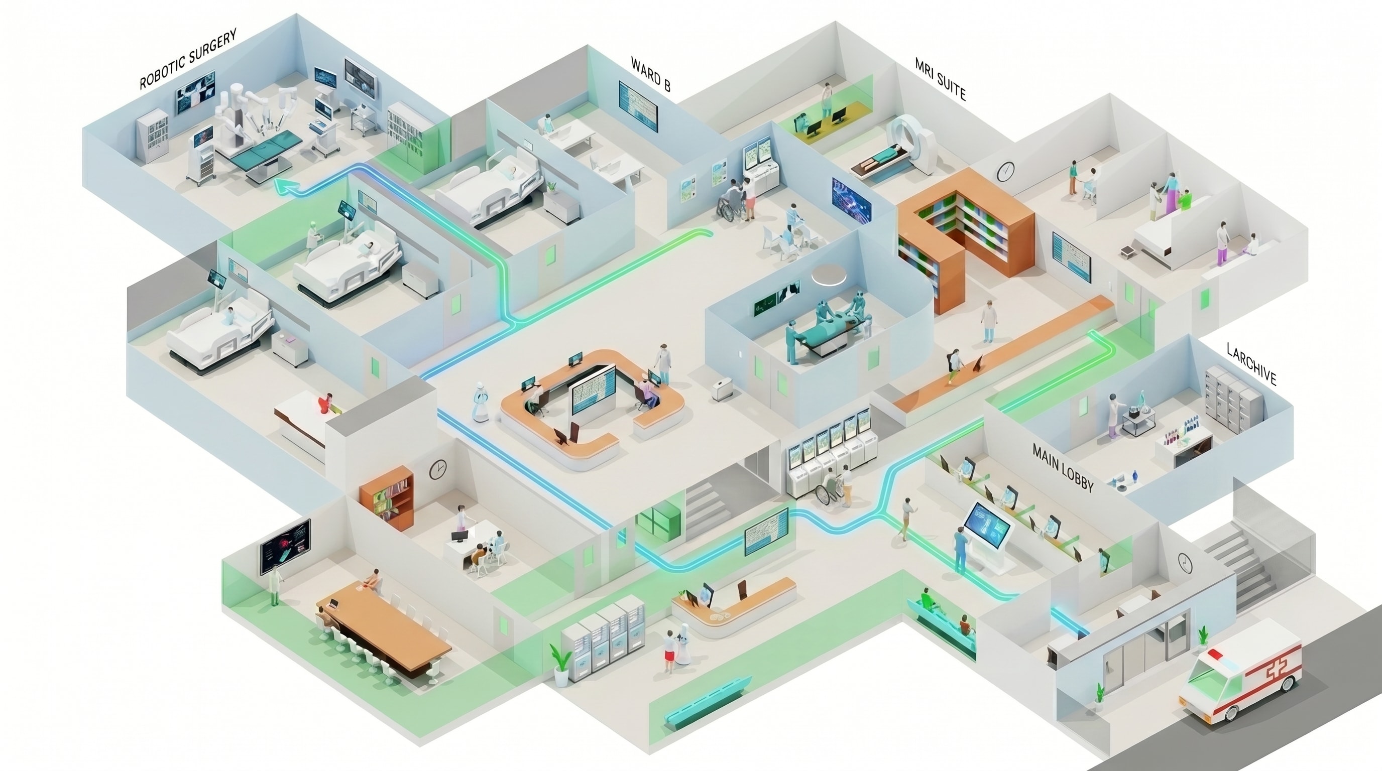 Isometric 3D floor plan of a hospital — rooms, operating theaters, MRI suite, laboratory, reception, with a signposted route between departments